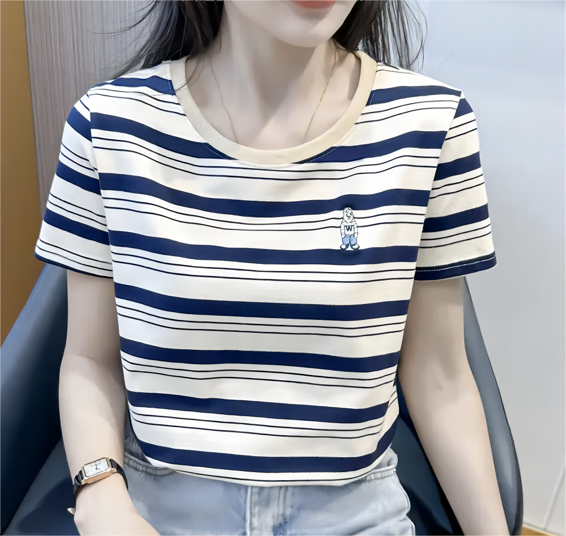 夏季新款韩系百搭小熊刺绣棉T恤圆领修身时尚洋气显瘦韩版宽松版