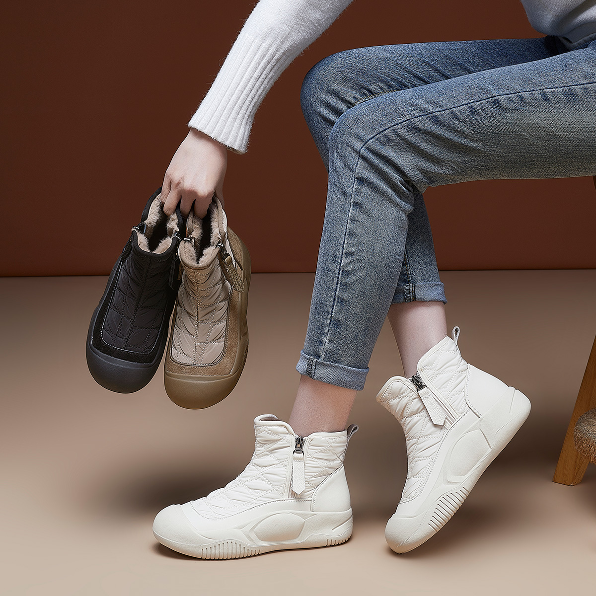 Oulisasi轻盈双拉链2025秋冬新款宇航布料加毛绒牛反绒敲软敲舒适