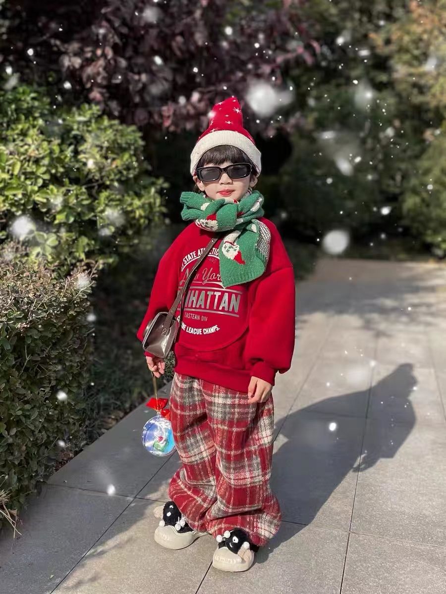 2024圣诞过年服穿搭儿童男女童加绒套装冬季新款外套卫衣宝宝裤子