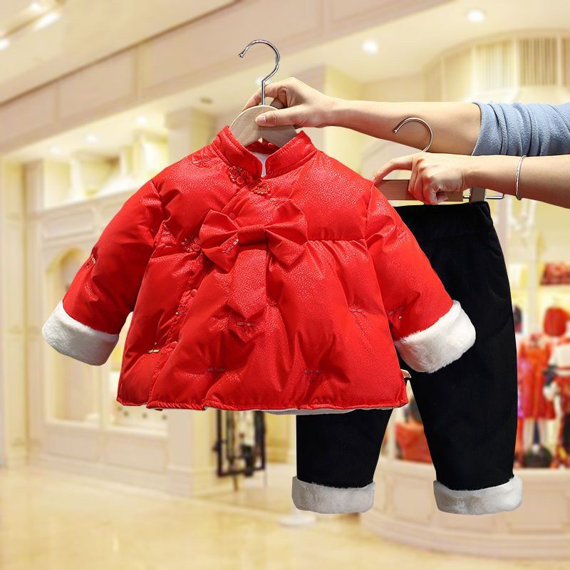 唐装女童拜年冬季套装衣服加棉宝宝新年儿童中国红色过年加厚喜庆