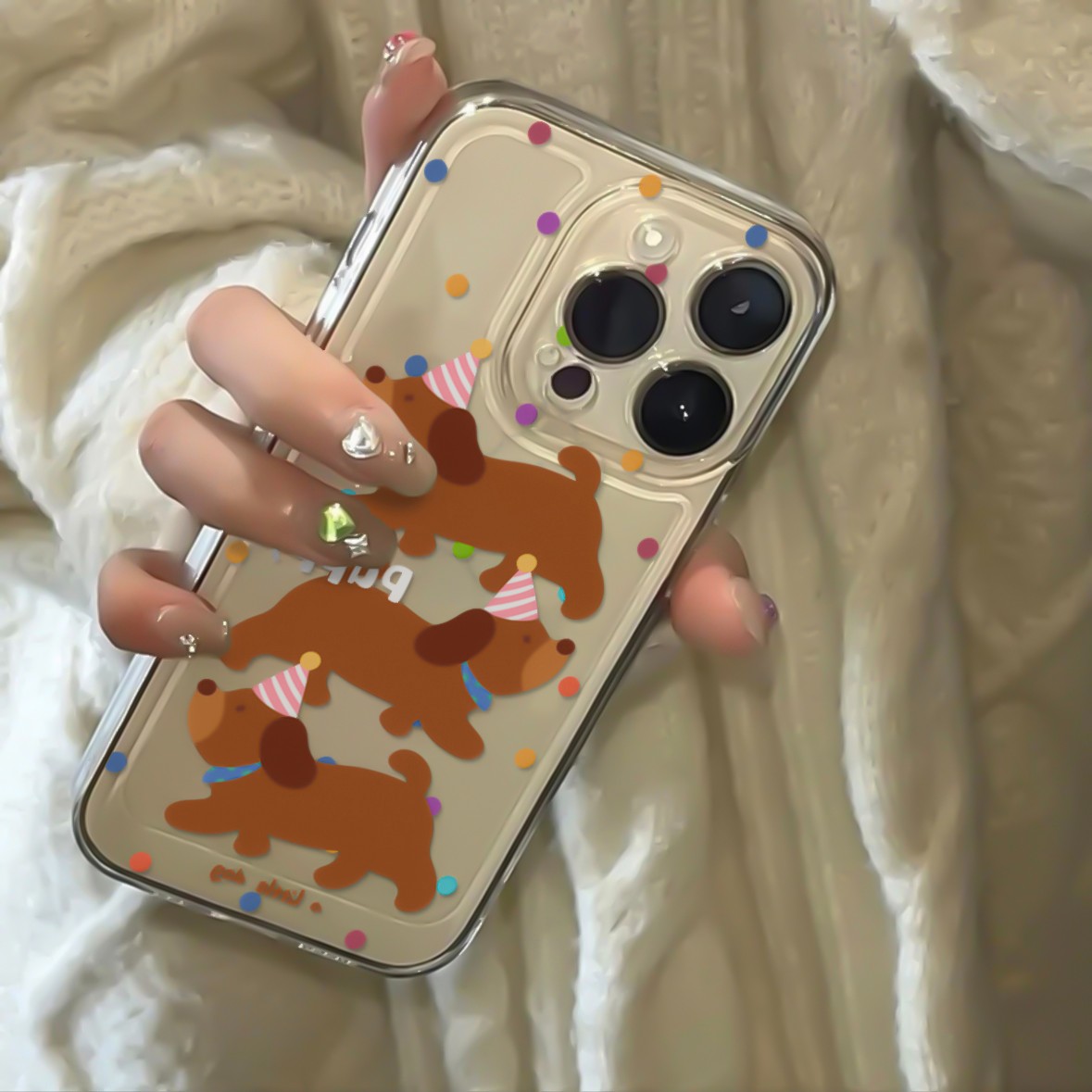 波点小狗iphone15promax苹果手机壳14新款透明防摔太空软保护套女