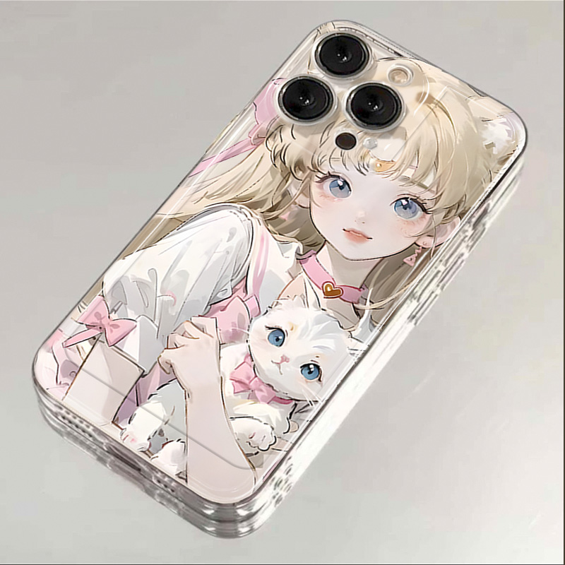 抱猫少女iphone15苹果手机壳14promax软胶13可爱透明全包防摔女12