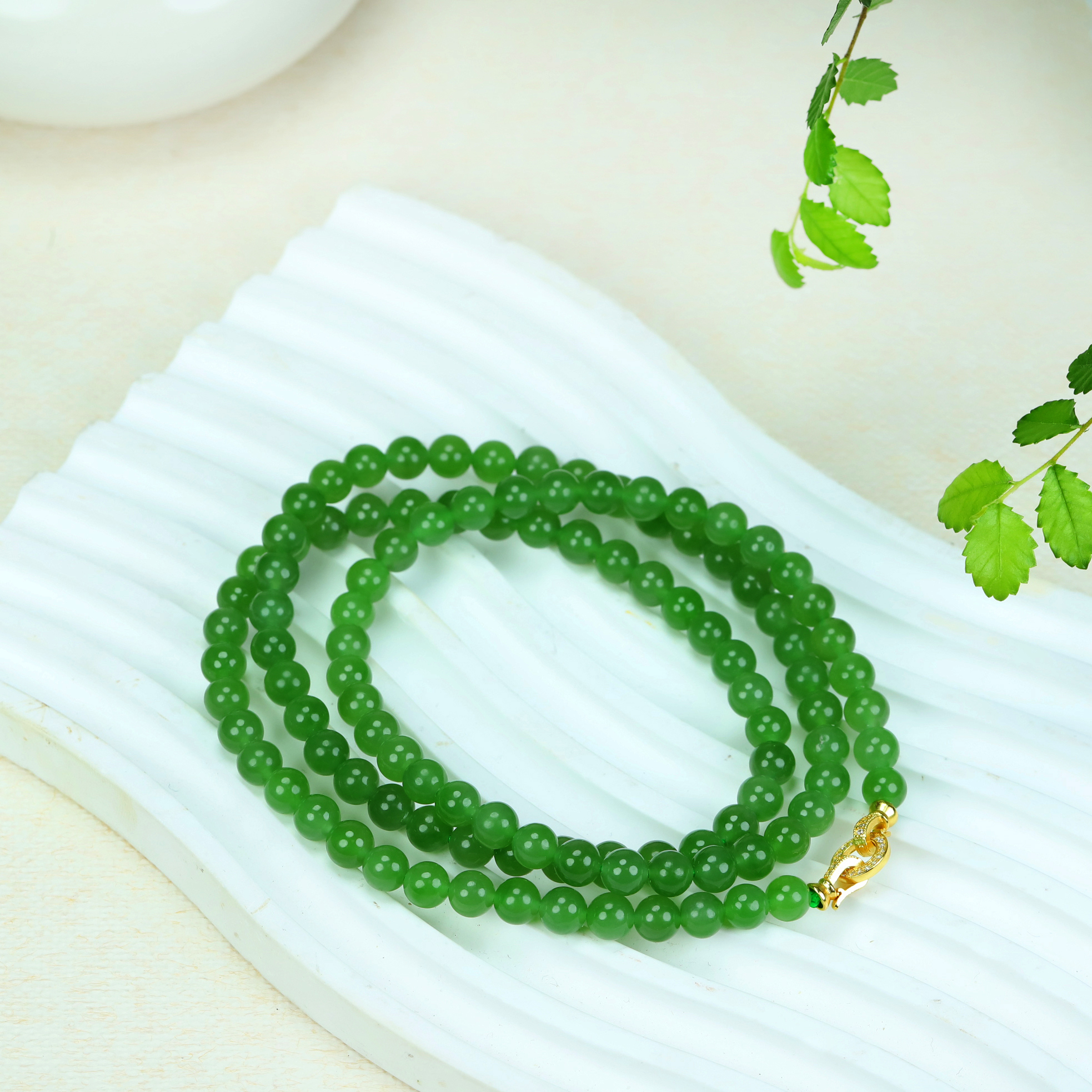 【凤霖珠宝】天然和田玉碧玉高品质苹果绿6mm108珠链挂坠链无黑点