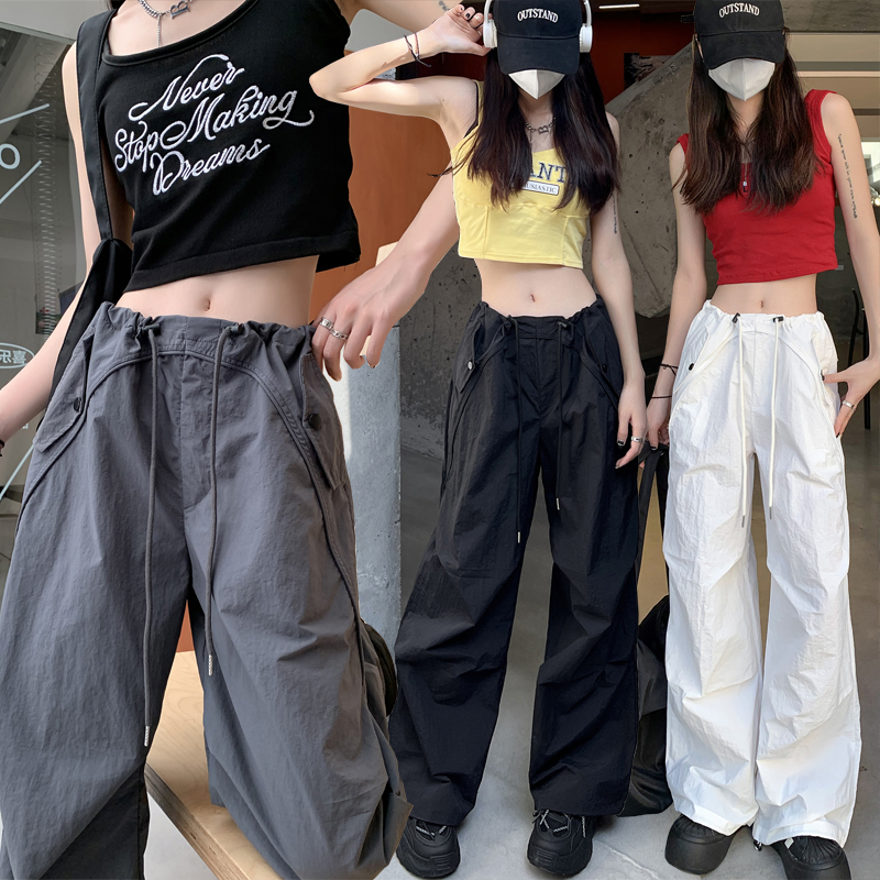 速干低腰工装裤女新款美式阔腿裤女宽松雅痞感拖地运动长裤子薄款