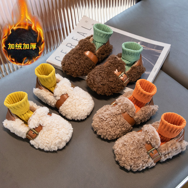 女童一脚蹬毛毛鞋女孩保暖2025加厚韩版仙女风女宝宝加绒豆豆鞋潮