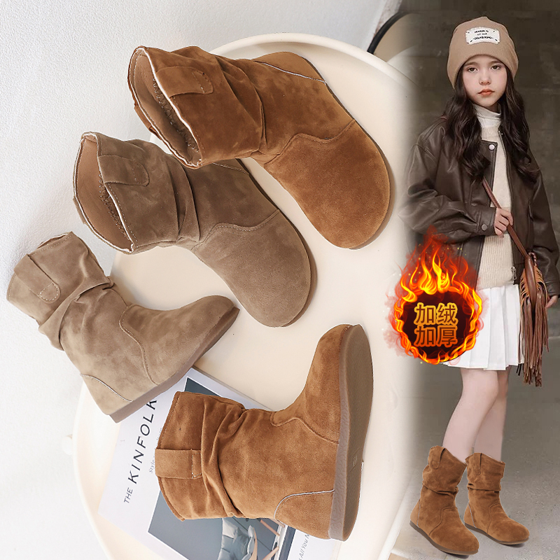 女童西部牛仔靴子秋冬儿童皮靴大童勃肯瘦瘦靴洋气复古加绒中筒靴