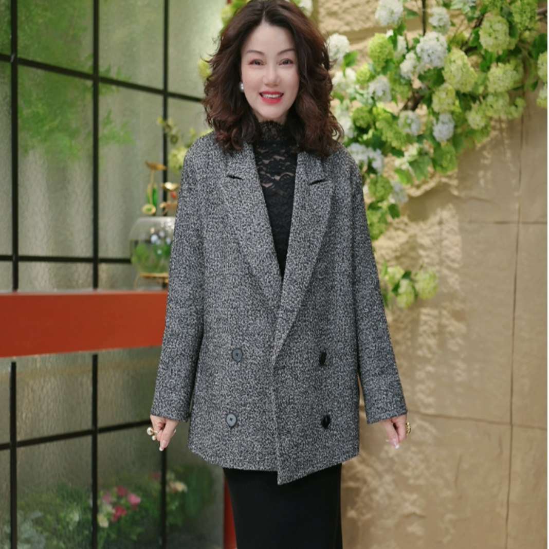 LUCK-羊毛中长款外套 2026秋冬新款时尚设计加厚人字纹感宽松气质