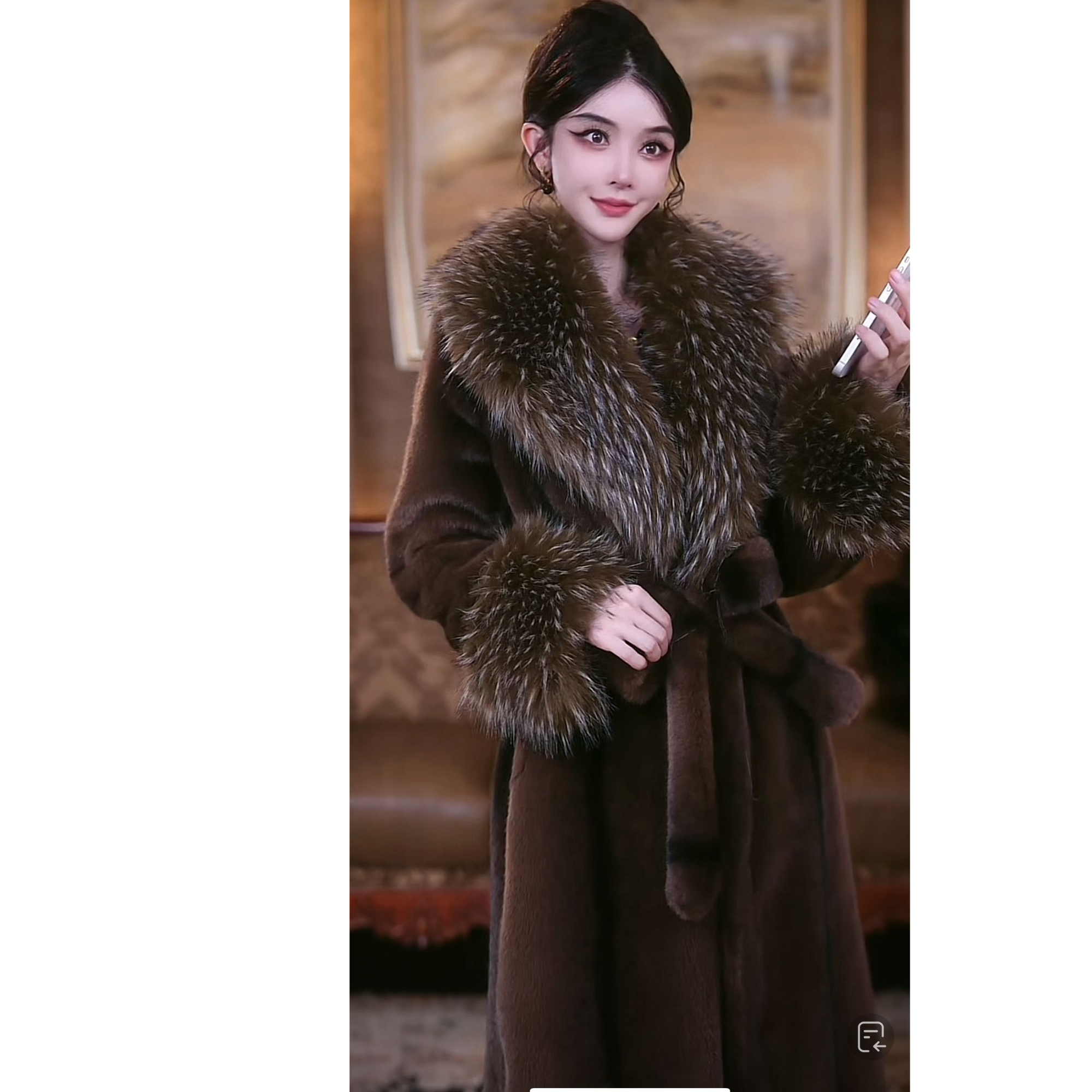 法式高奢气质秋冬新款咖色双色毛领毛毛外套