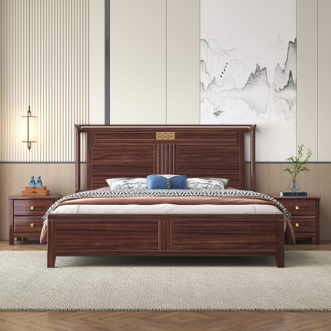 W223#A122实木床新中式轻奢主卧室双人床高档储物婚床乌金木大床