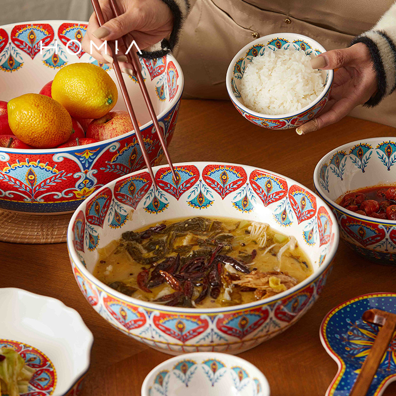 波西米亚出口釉下彩陶瓷餐具面碗12英寸大汤碗