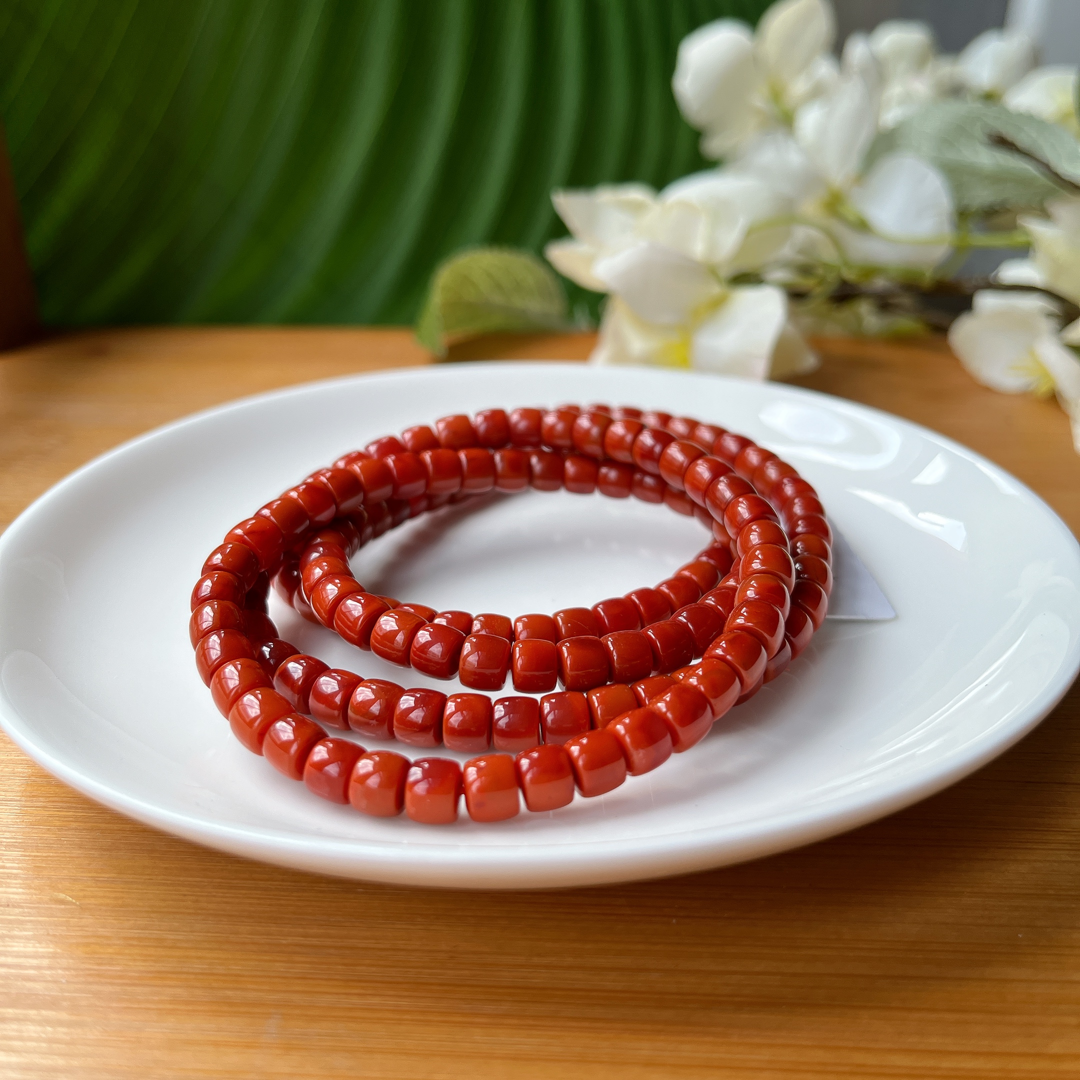 【郭老师】约6mm高品柿红牛血底满色满肉南红玛瑙直切桶珠多圈手串
