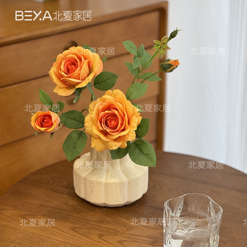飘香玫瑰桔黄色仿真花多头仿假花家居高档房间卧室室内家居摆件花