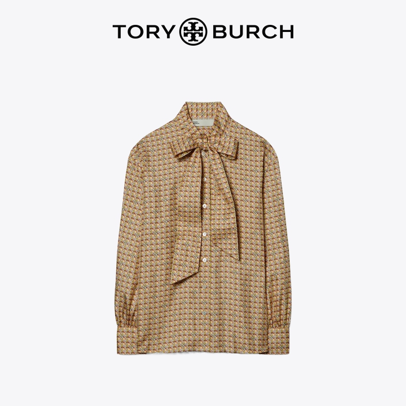 【季末折扣】TORY BURCH 汤丽柏琦 蝴蝶结长袖翻领格纹衬衫 151875