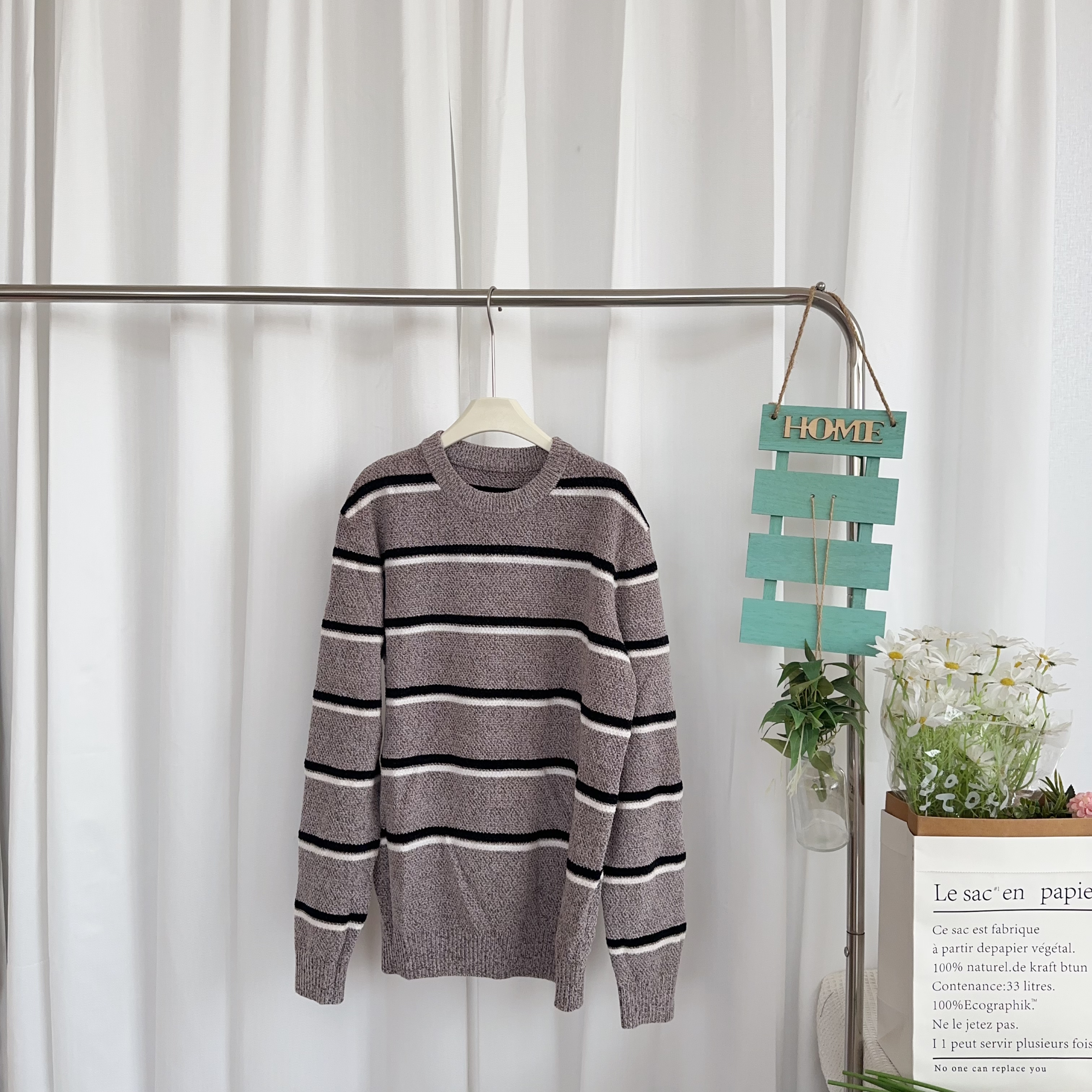 男士圆领雪尼尔宽条纹针织毛衣 11041