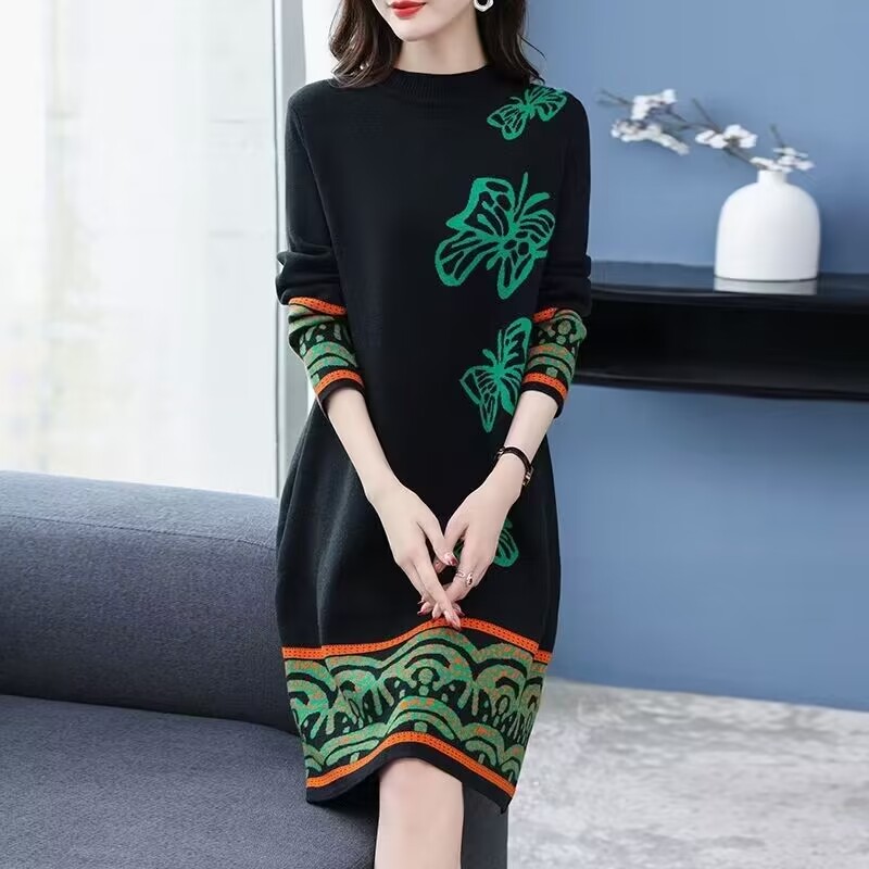 8303#洋气优雅长袖针织连衣裙秋冬新款时尚别致蝴蝶花中长毛衣裙