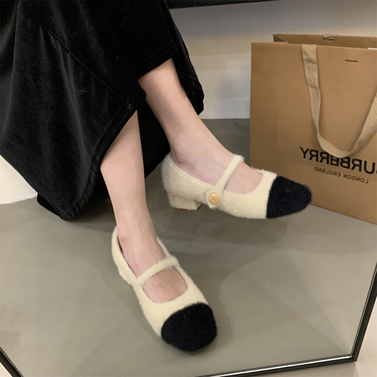 毛毛鞋女外穿2023秋冬新款韩版粗跟玛丽珍单鞋女中跟加绒棉鞋