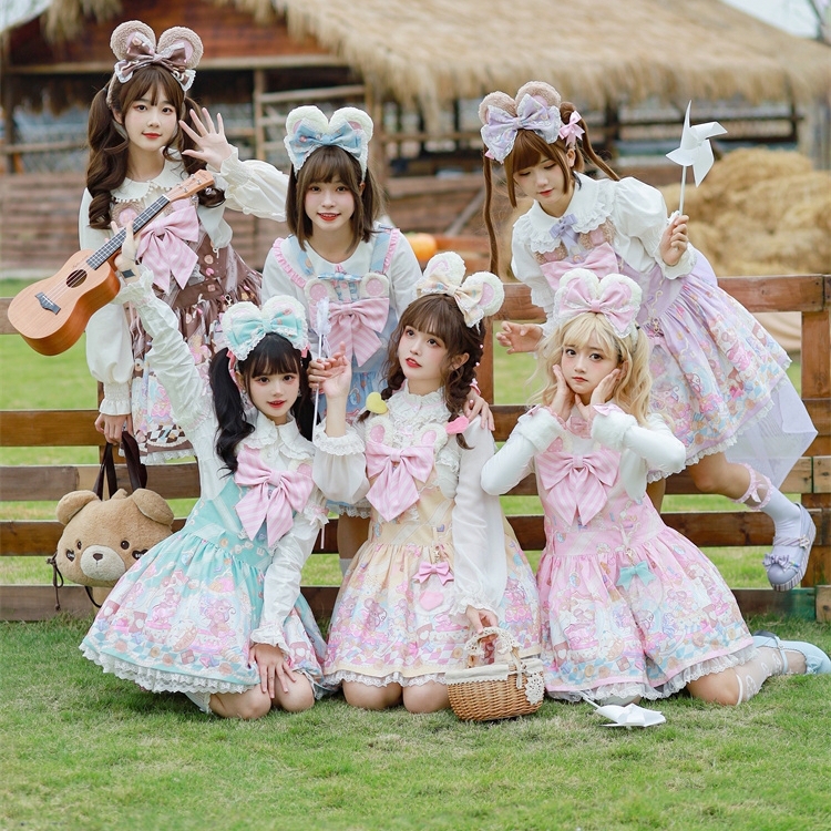 【Dear dolls】原创少女甜美lolita波波甜鼠低腰背带印花连衣裙