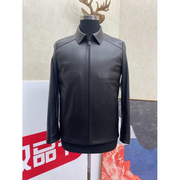男士时尚休闲黑色真皮春秋翻领修身经典山羊皮鹿皮纹夹克