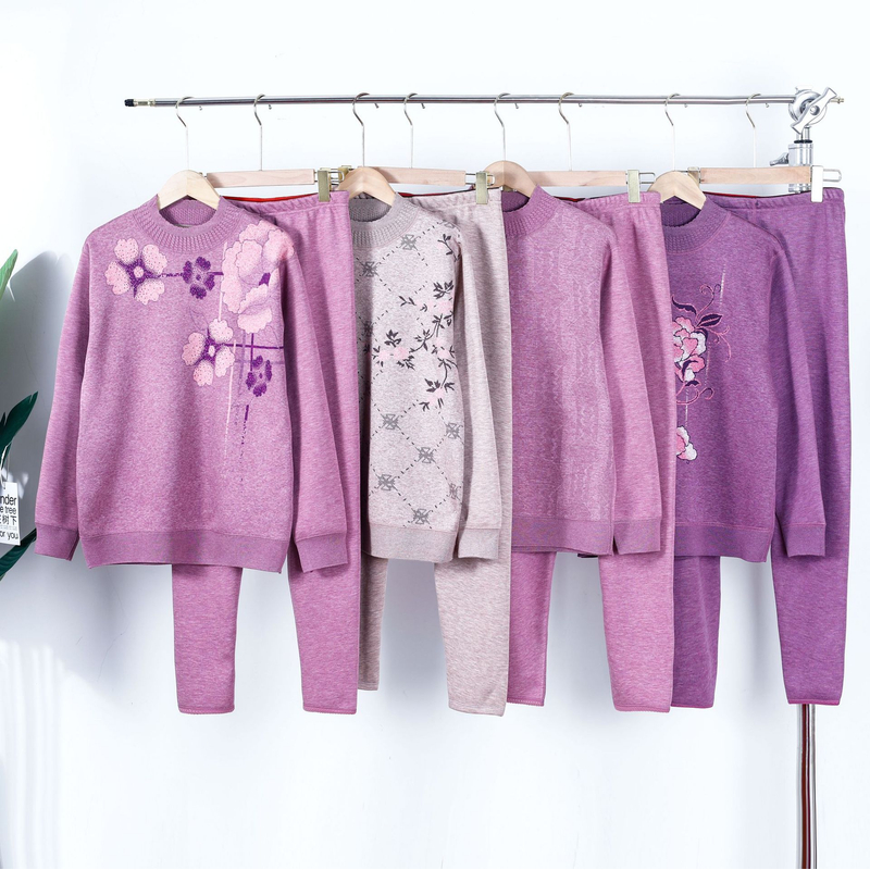 女士提花保暖内衣中老青年超柔加绒加厚棉套装秋衣秋裤秋冬季