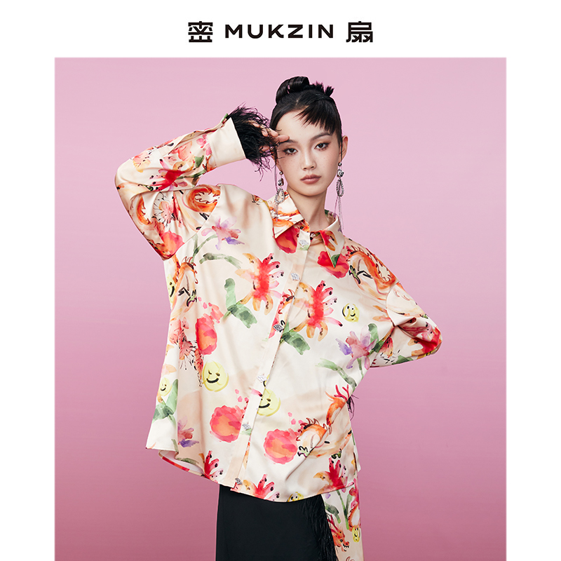 mukzin/密扇游龙戏凤长袖宽松薄款印花衬衣衬衫M234A03006999