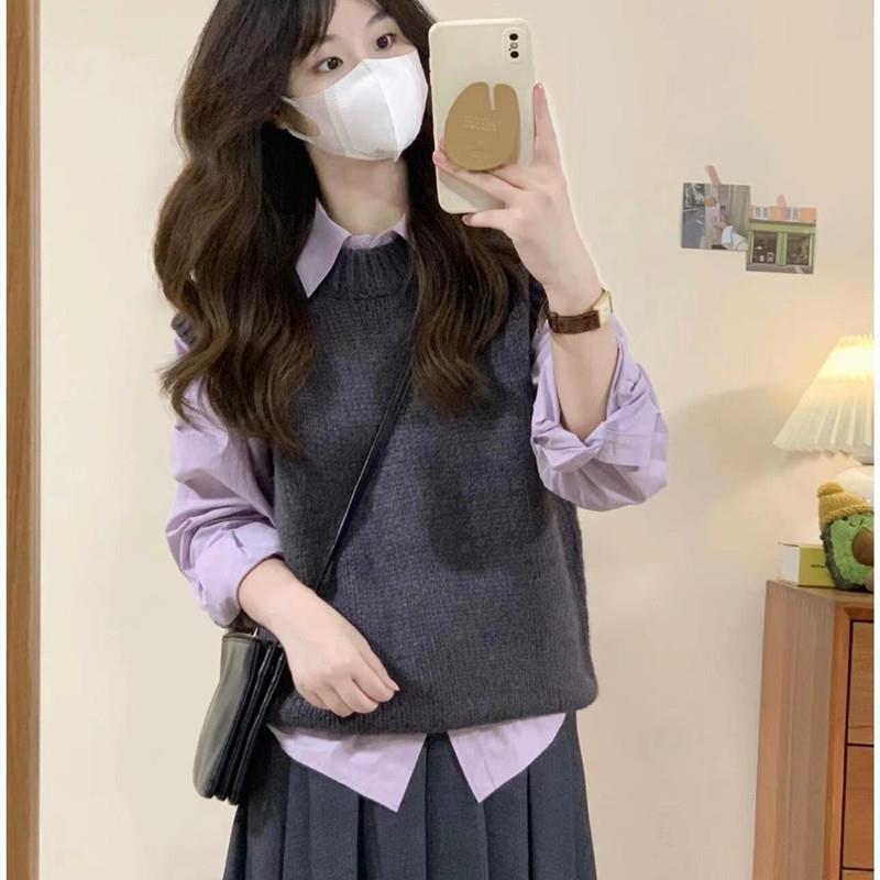 时尚紫色洋气灰色马甲百褶半身裙三件套穿搭秋冬感小个子套装裙秋