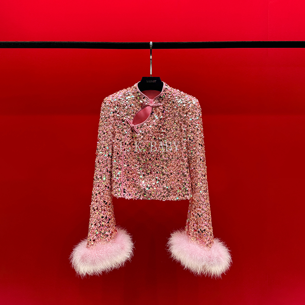 【L.K.BABY】盛世美颜  重工新中式国风波光粼粼珠片绣盘扣羽毛上衣