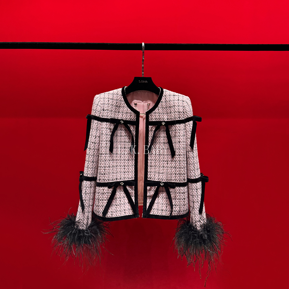 【L.K.BABY】 粉色恋人A轻奢气质名媛亮蝴蝶结花边羽毛浪漫香香外套