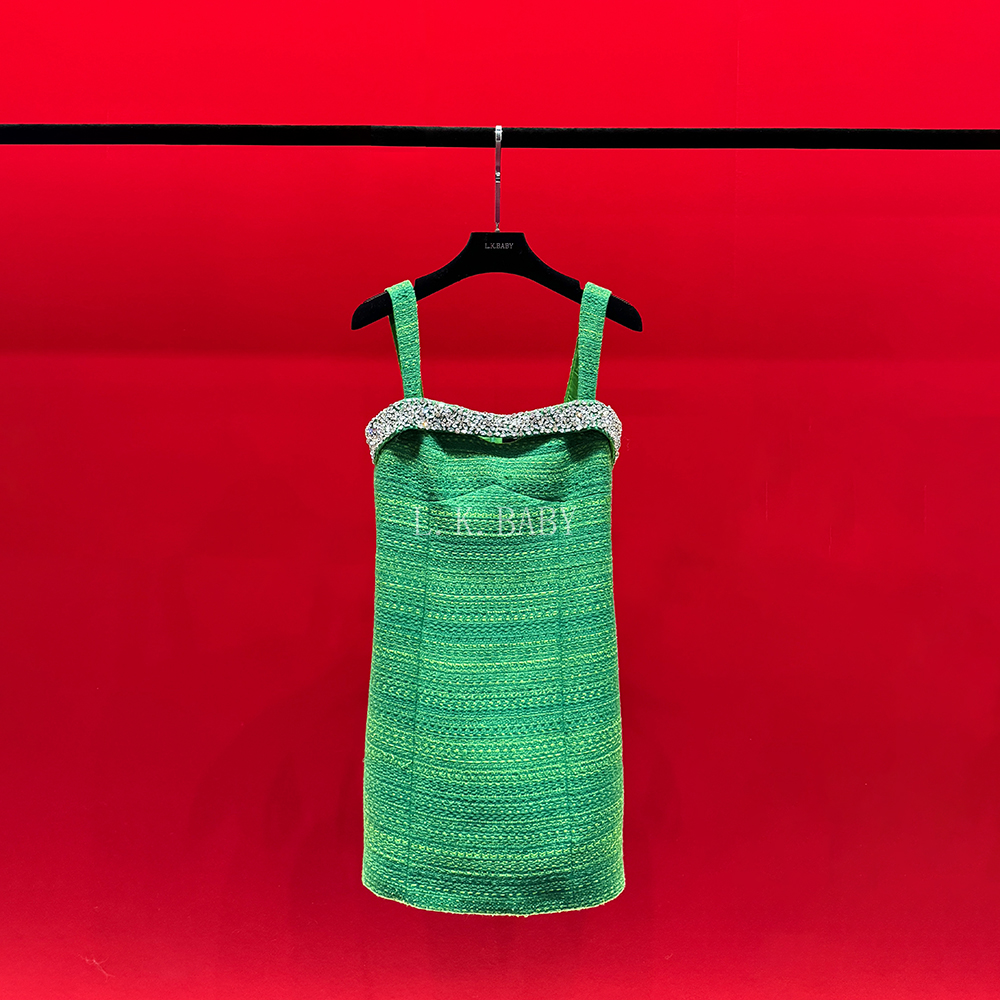 【L.K.BABY】翡翠千金  时尚气质法式轻奢镶钻性感吊带连衣裙