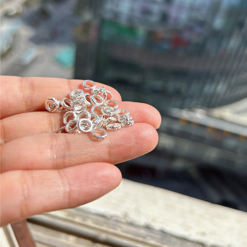 925银银制品 手工锤纹不规则百搭盘缠配件银色复古简约盘缠珠