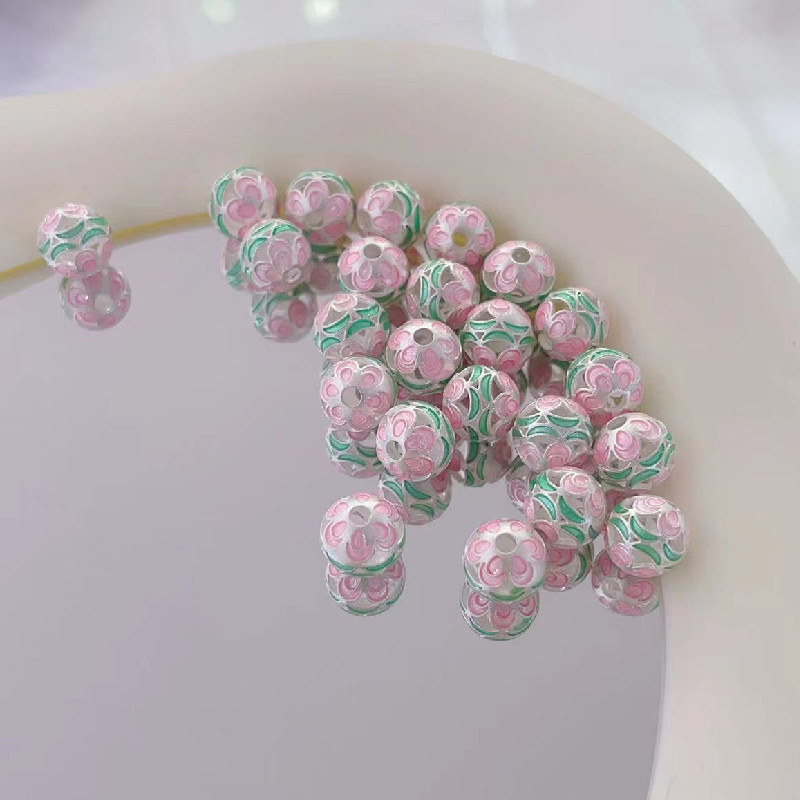 足银银制品 999足银精工倒模镂空烧蓝花珠花球纯银彩色玲珑球桶珠