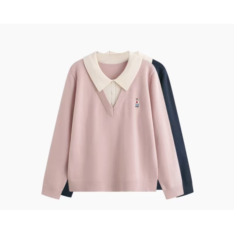 大码女装针织衫时尚胖mm宽松显瘦POLO领假两件秋季22773