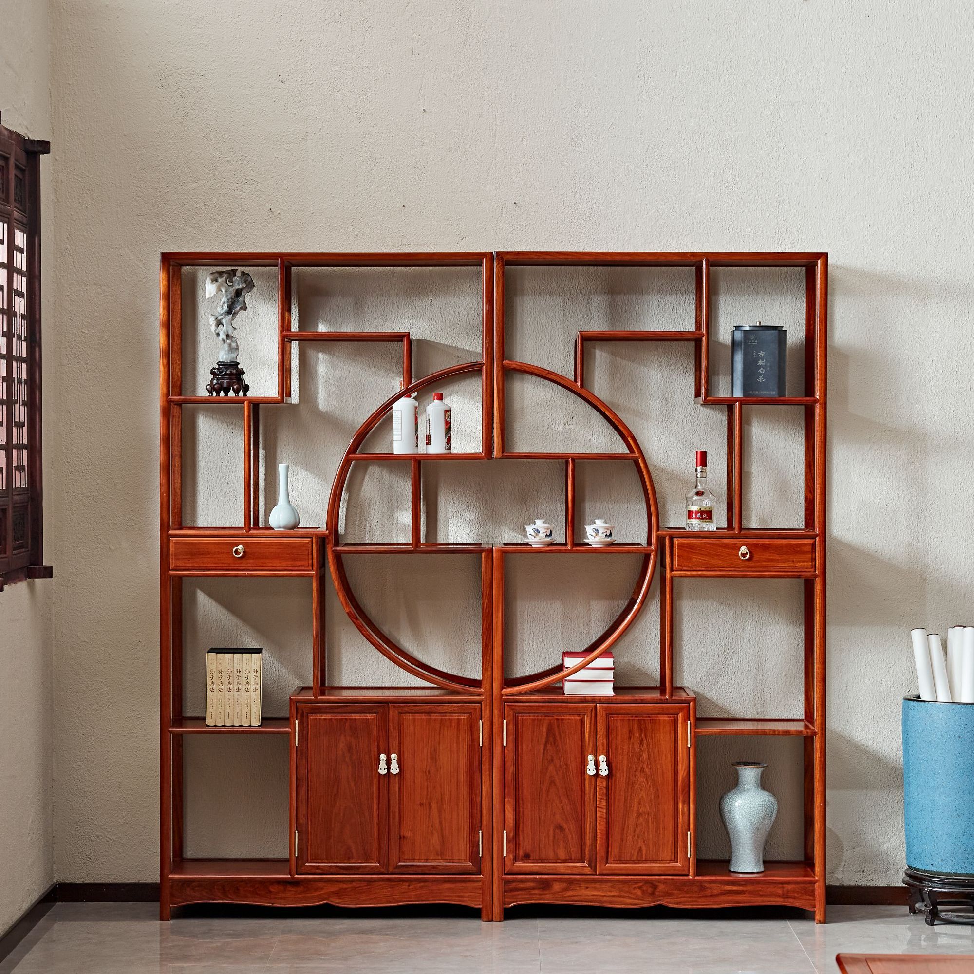 缅甸花梨大果紫檀红木内圆外方博古架多宝阁置物架隔断架