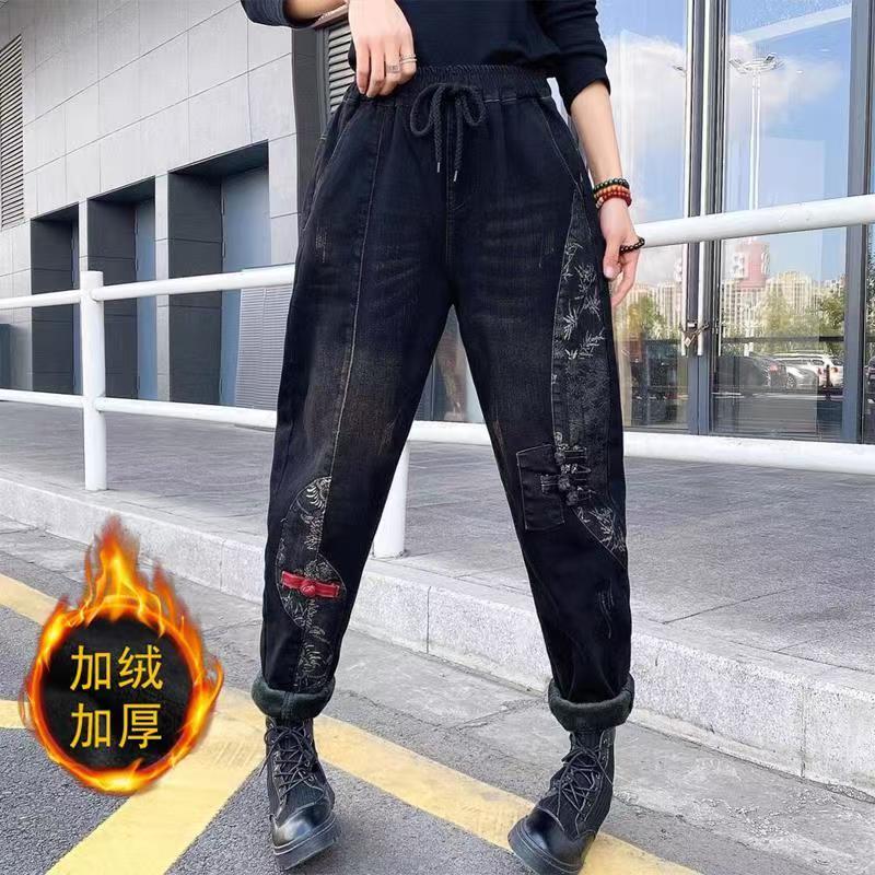 新款文艺盘扣印花牛仔裤女加绒加厚复古做旧哈伦裤休闲长裤民族风