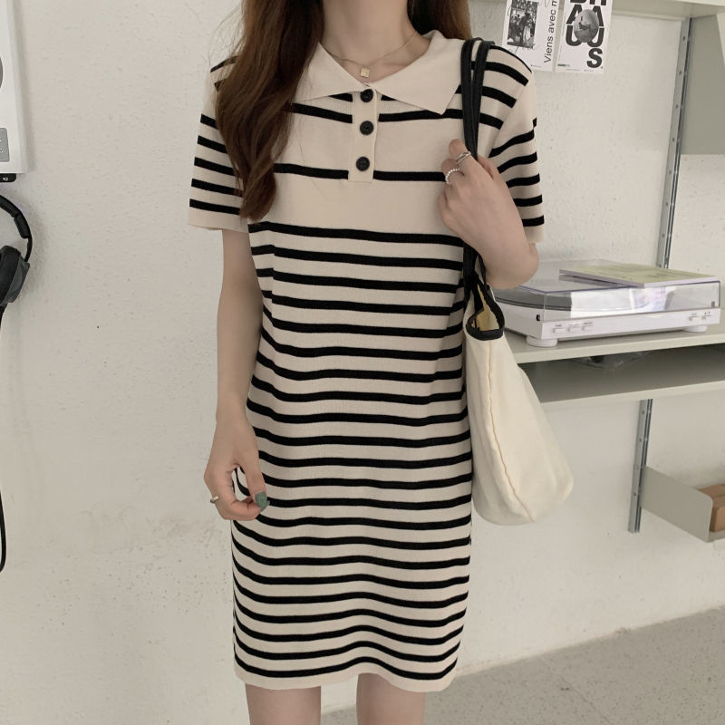 016冰丝显瘦连衣裙夏季新款设计感薄款宽松Polo领针织条纹茶歇裙