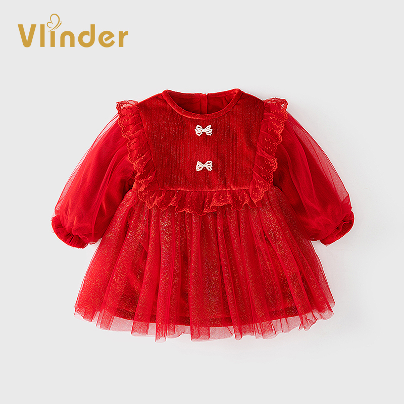 女童连衣裙秋冬夹棉加绒长袖蕾丝礼服裙子女宝宝公主裙过年拜年服