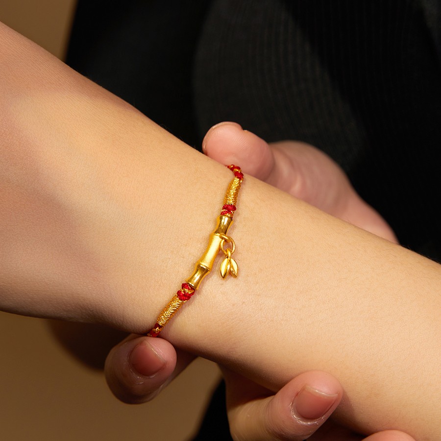 古法竹节高升黄金竹子手链手镯弯管编织红绳999足金半镯转运珠女