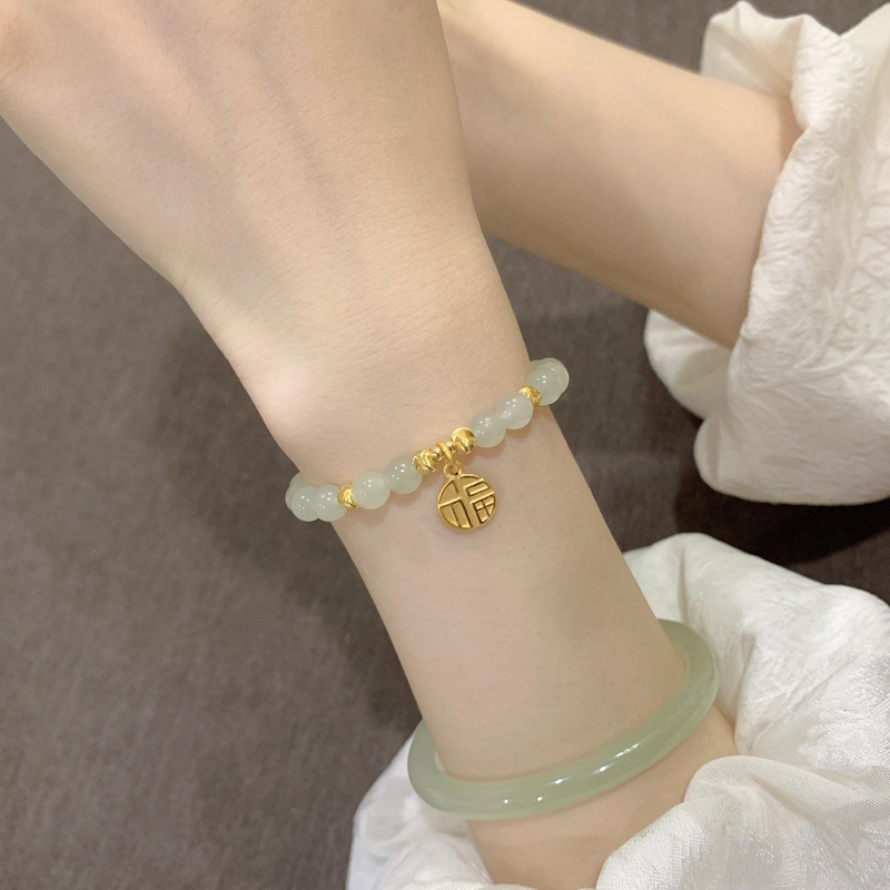 999足金小福牌手链女黄金金珠转运珠2025新款DIY手串福字小众气质