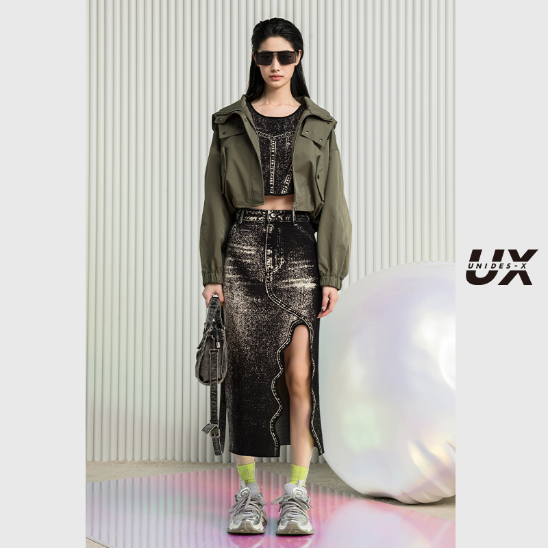 UX2024秋新款仿牛仔套装毛织短款背心休闲套装