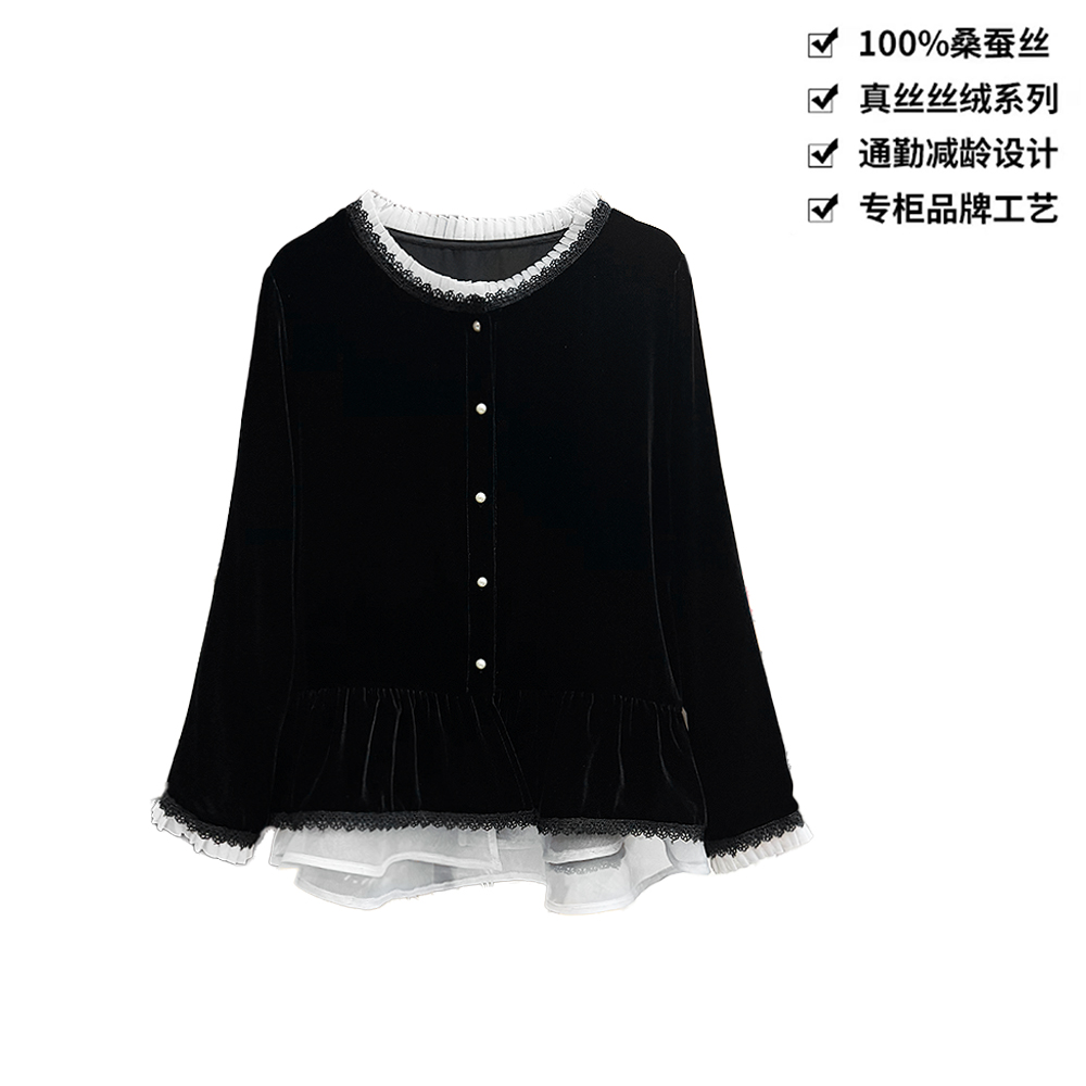 100桑蚕丝丝绒法式蕾丝拼接木耳边秋季长袖衬衣真丝丝绒上衣CX325