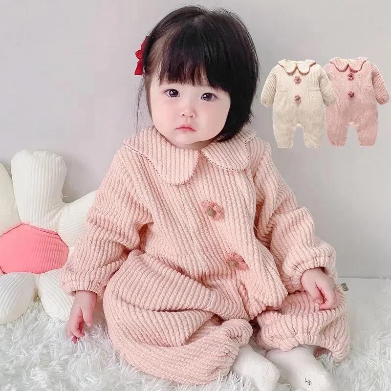 婴儿连体衣春宝宝超萌外出哈衣爬爬服防脏婴幼儿衣服花边女童罩衣