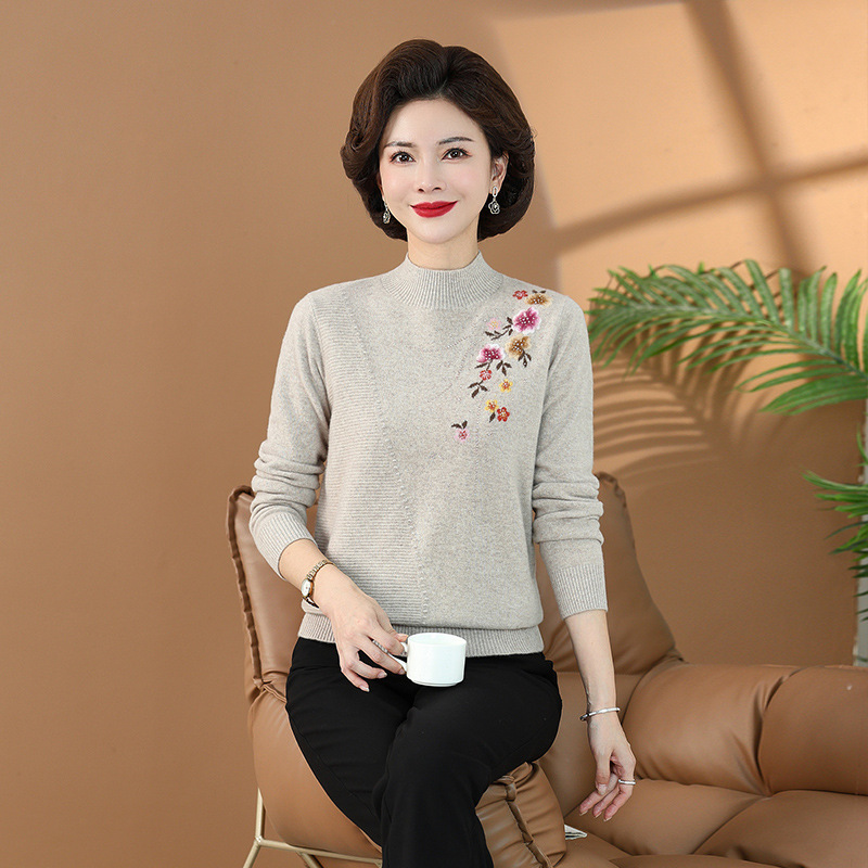 全毛针织衫百搭妈妈装秋冬羊毛衫中老年毛衣洋气新款半高领女装