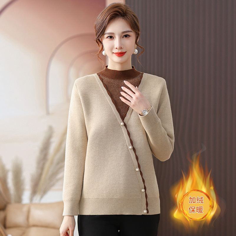 中老年女装舒适妈妈装秋冬加绒加厚打底衫仿水貂一体绒毛衣保暖