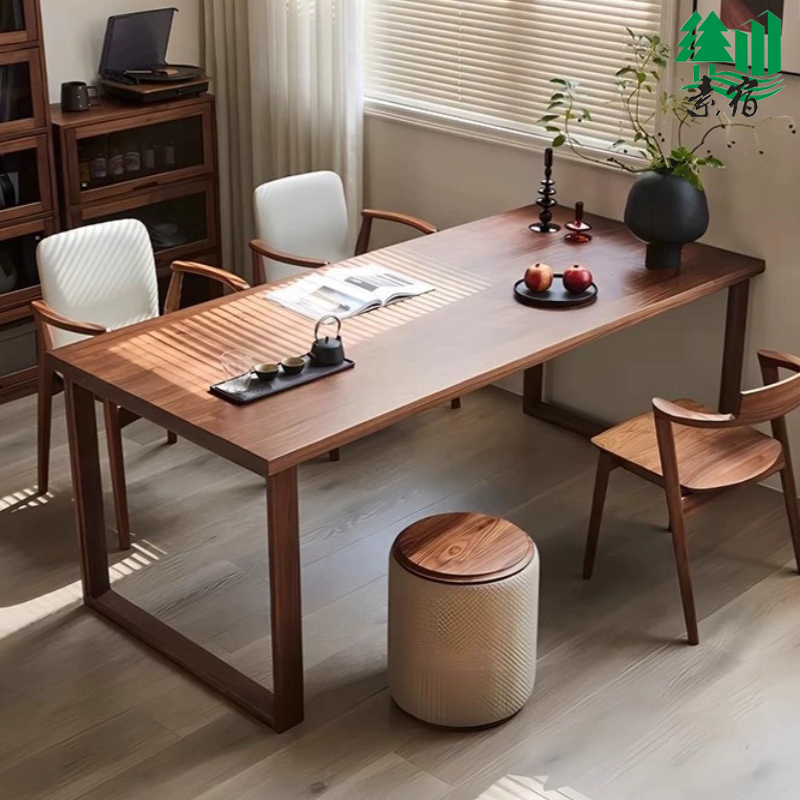 北美黑胡桃木长方形餐桌家用饭桌原木餐台现代全实木茶桌书桌一体