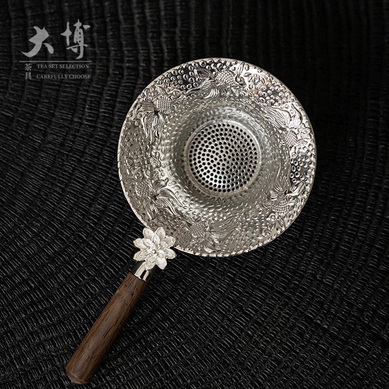 新人专享手工复古合金茶漏滤网茶道零配木柄鎏银茶漏