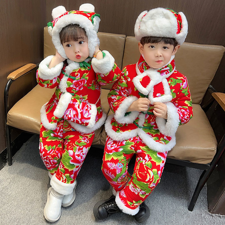 女童东北大花袄儿童装冬季袄女宝宝加厚衣冬装拜年服喜庆套装