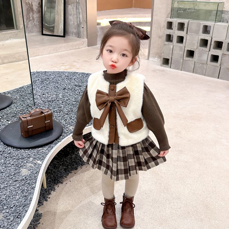女童秋冬季时尚裙子套装新款大童洋气时髦马甲三件套儿童潮衣