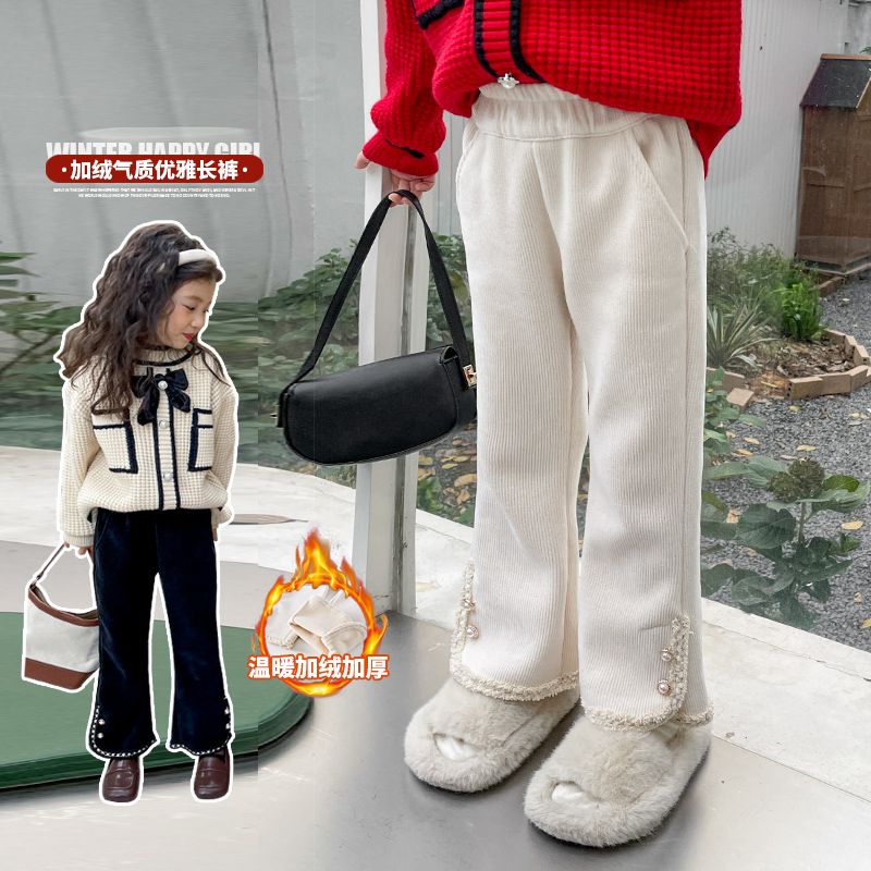 女童雪尼尔加厚裤子秋冬季新款儿童洋气冬天小女孩宝宝加绒裤子