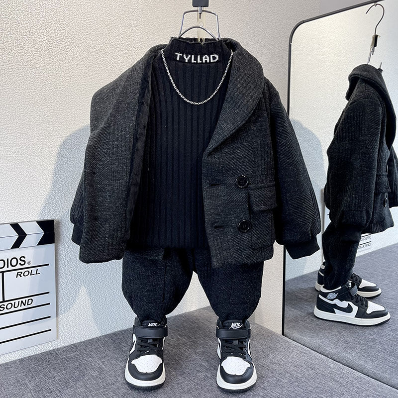 男童加绒西服套装洋气新款帅宝宝冬装两件套小儿童加厚衣服潮