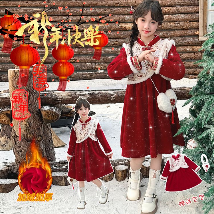 拜年服女童连衣裙秋冬儿童新年公主裙中国风宝宝冬季加绒汉服裙子