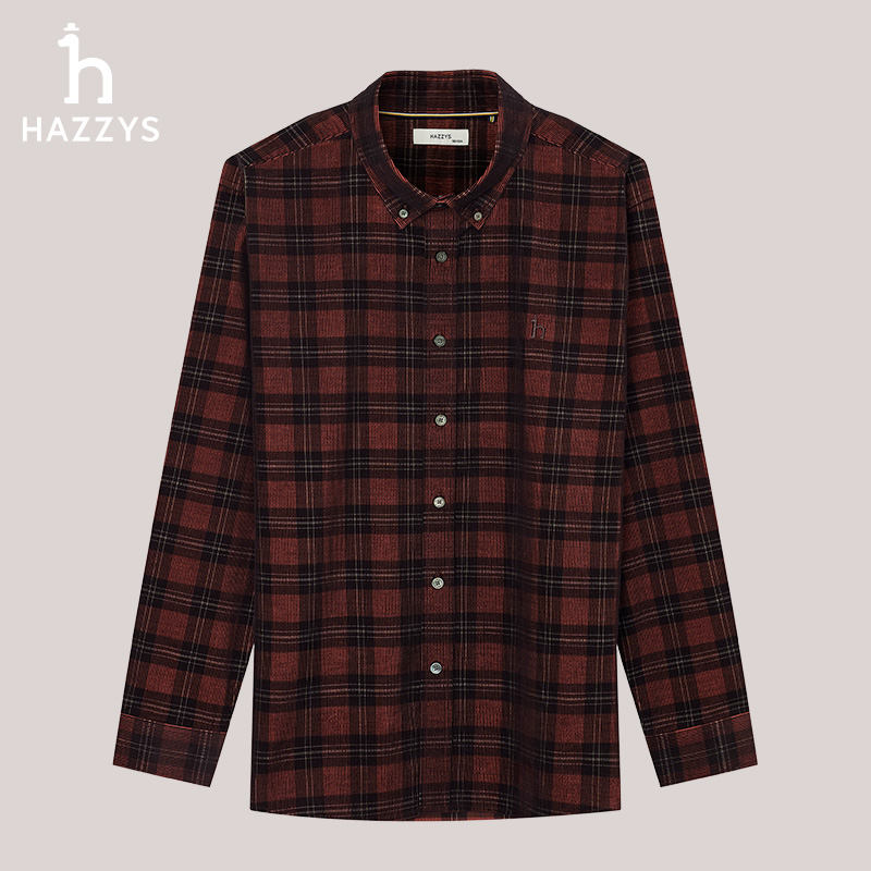 Hazzys哈吉斯男士秋冬长袖休闲经典格纹灯芯绒上衣外套宽松时尚